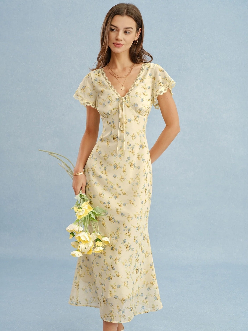 RIHOAS Yellow Floral Maxi Dress with Blue Accents
